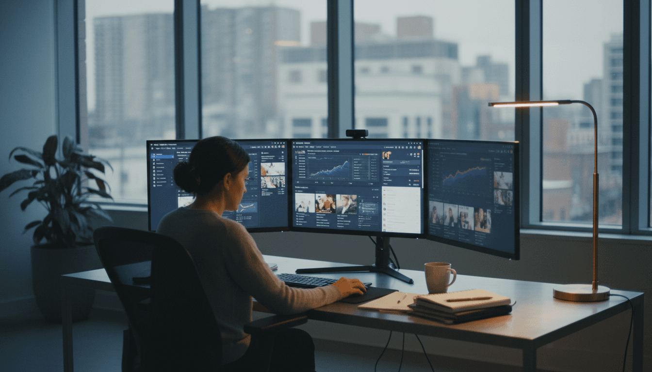 Marketing professional reviewing Instagram and Facebook ad analytics across multiple monitors