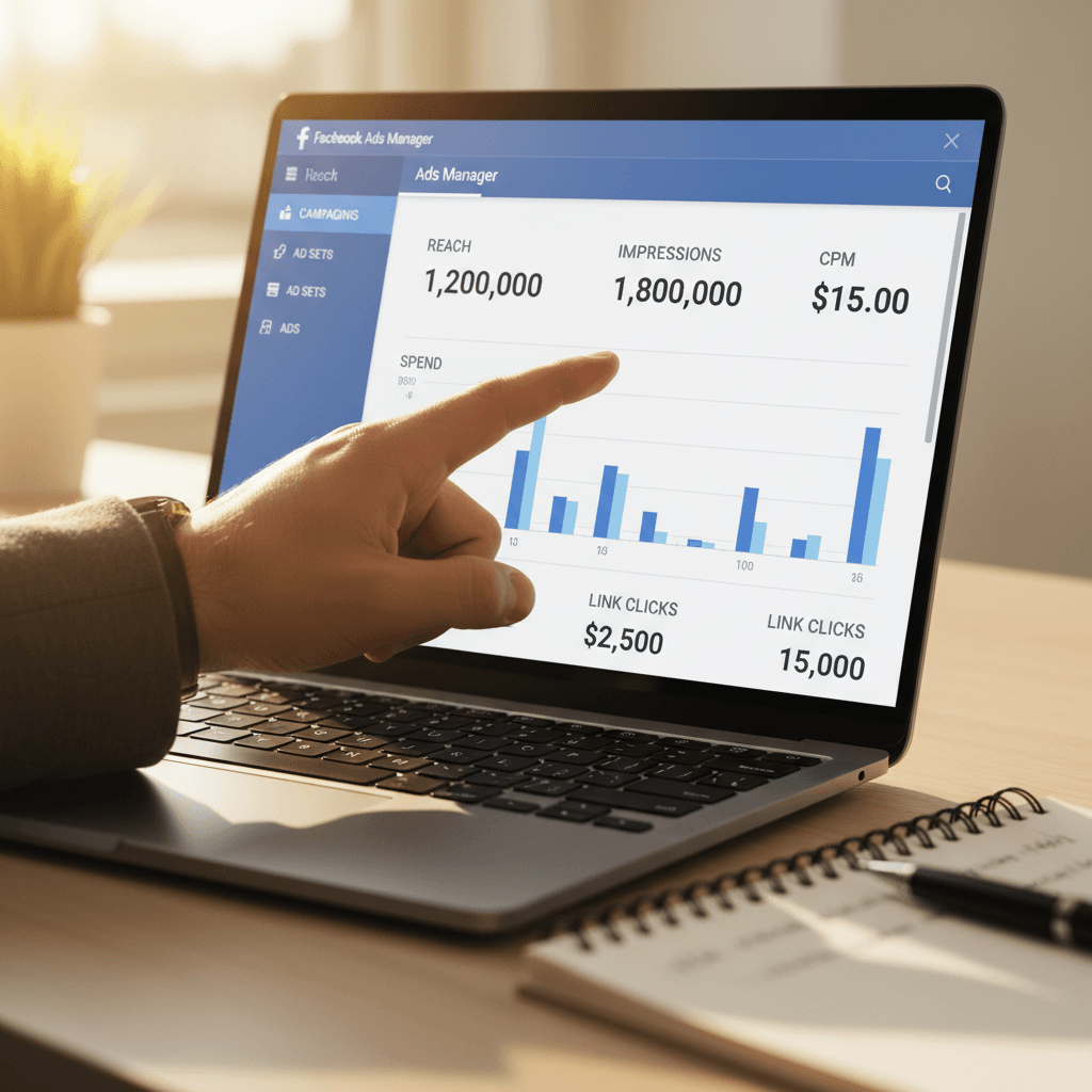 Hand pointing at Facebook Ads Manager dashboard showing campaign metrics and performance data