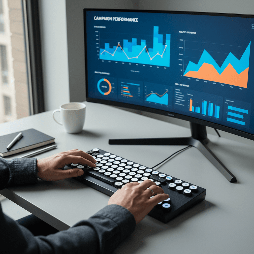 Digital marketer analyzing campaign performance on dual monitors